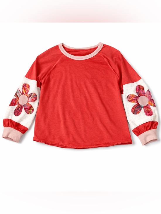 Tops - Long Sleeve Red Top with Floral Sleeve Appliques.  Boho Artsy Twee